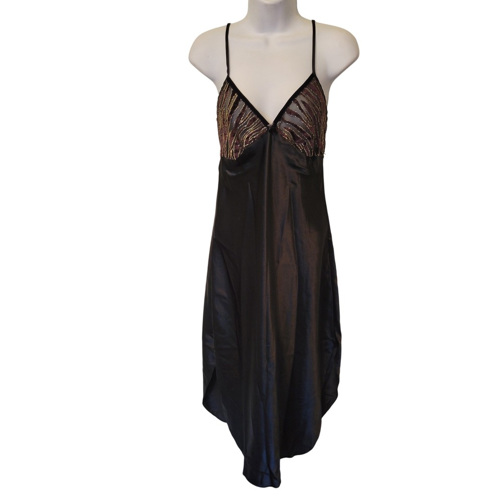 Romantic Moods M Nightgown Black Velvet Gold Animal Print Slip Dress 2K Fairy